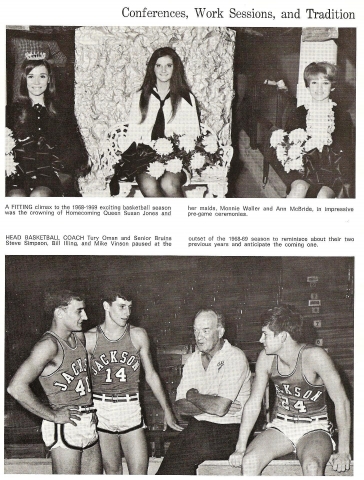 1968 Basketball Homecoming Queen Susan Jones and her maids Monnie Waller and Ann McBride.
Bottom Picture: Coach Tury Oman, Steve Simpson, Bill Illing and Mike Vinson.