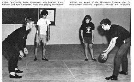Camp Delegates, Eddie Richardson, Judy Barefoot, Carol Gaffney and Kyle Carpenter found that playing four-square fulfilled one aspect of the Miniwanca four-fold, plan for development mentally, physically, socially and religiously.