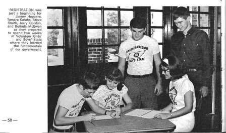 Registration was just a beginning for Jimmy Hoppers, Tamara Karaba, Steve Smith, Jerry Gordon, and Belinda McEwen as they prepared to spend two weeks at Volunteer Girls and Boys State where they learned fundamentals of our government.